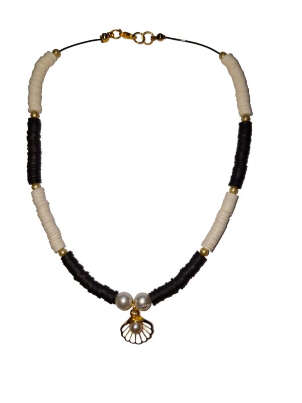 White and black clay necklace with a white shell