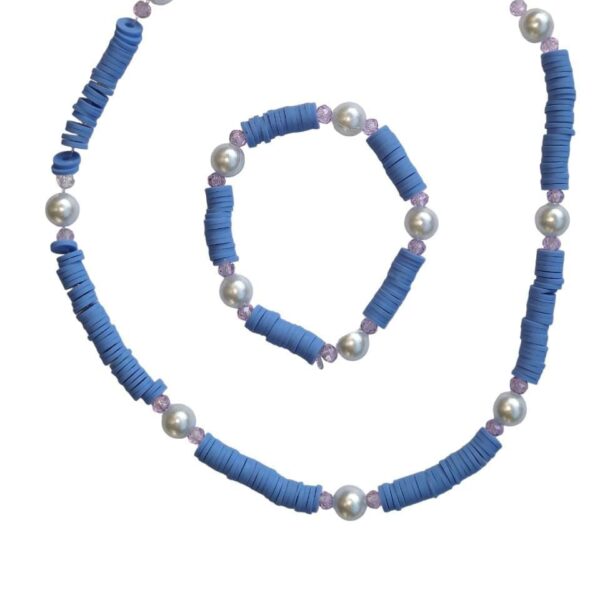 2 pcs set of blue clay with white pearls necklace and a bracelet