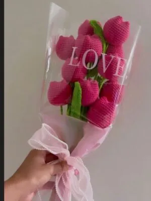 Crochet Pink Tulip Flowers Boquet