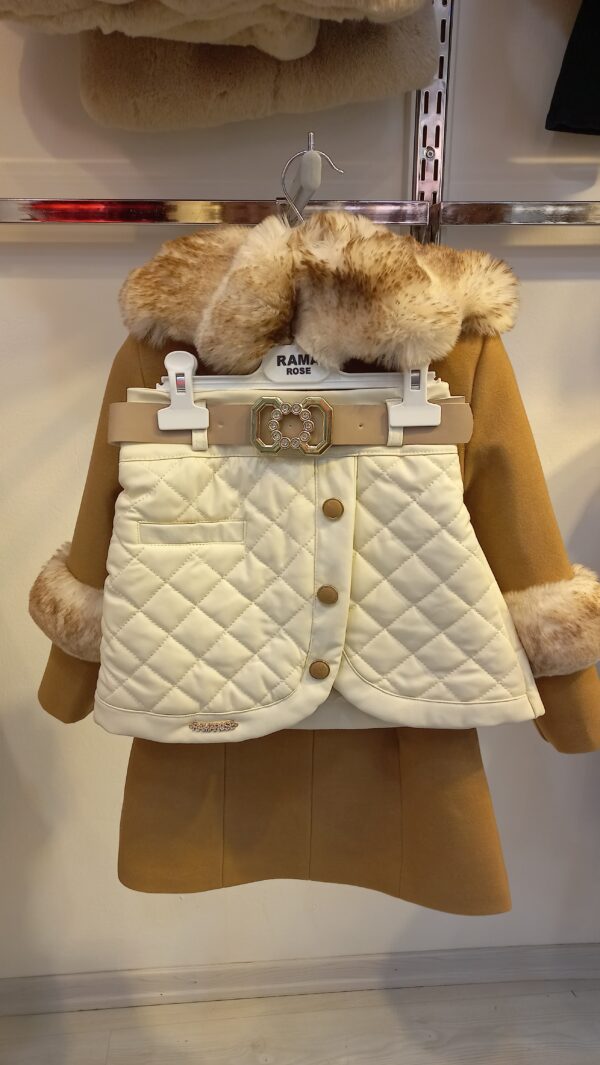 Girls' 3-Piece Camel Coat Set with Faux Fur and Quilted Skirt - Image 2