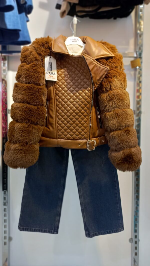 Girls' Brown Quilted Leather Jacket with Faux Fur Sleeves and Pants