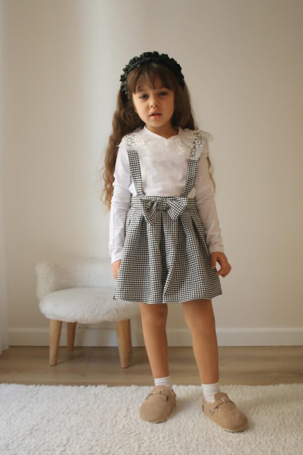 Girls' Elegant Houndstooth Suspender Skirt Set