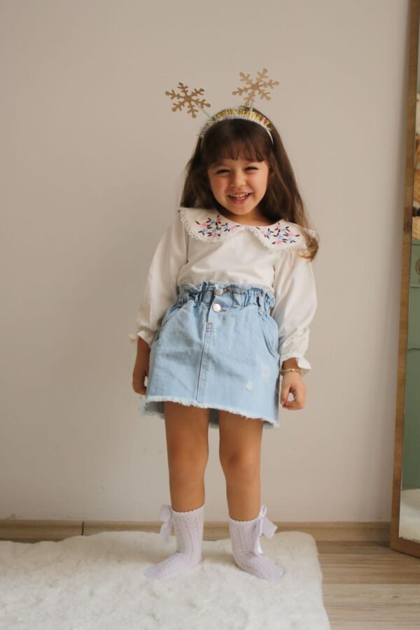 Girls' Embroidered Collar Blouse and Denim Skirt Set