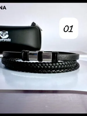 Black Leather Bracelet with Braided and Smooth Bands