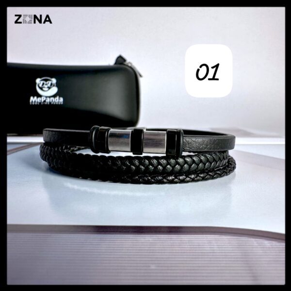 Black Leather Bracelet with Braided and Smooth Bands