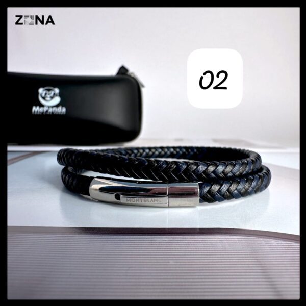 Black Leather Bracelet with Braided and Smooth Bands - Image 2