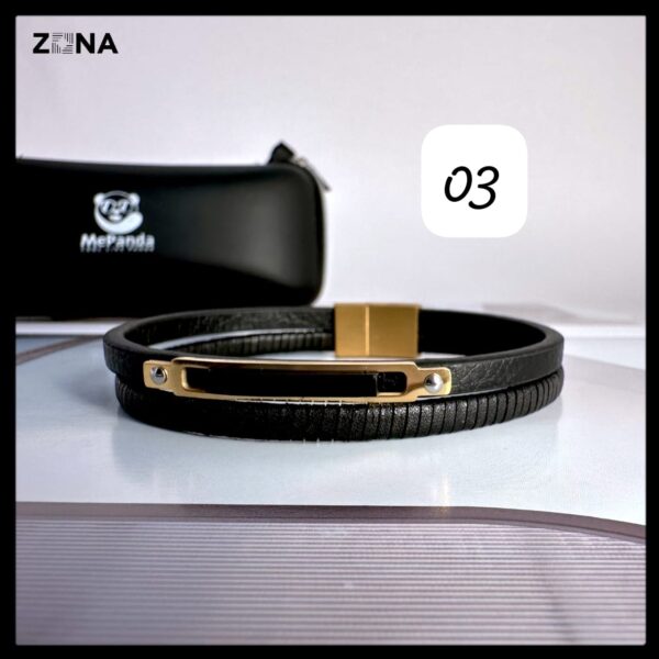 Black Leather Bracelet with Braided and Smooth Bands - Image 3