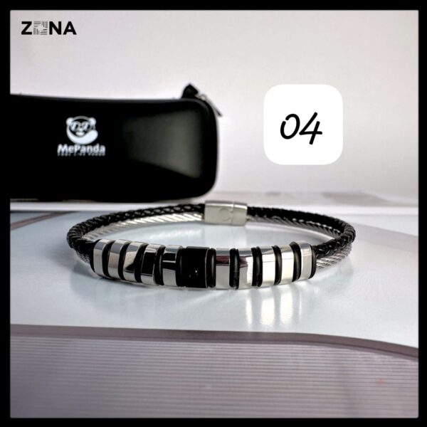 Black Leather Bracelet with Braided and Smooth Bands - Image 4