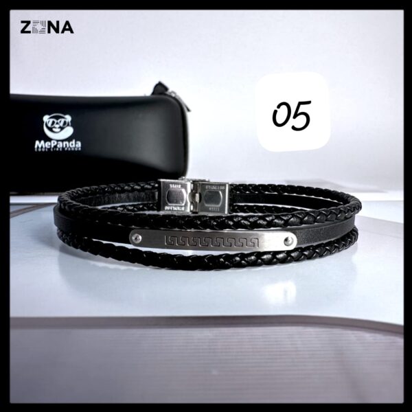 Black Leather Bracelet with Braided and Smooth Bands - Image 5