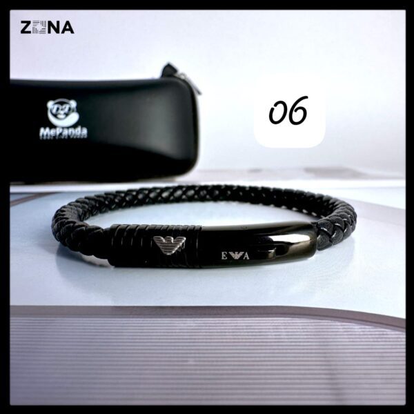 Black Leather Bracelet with Braided and Smooth Bands - Image 6