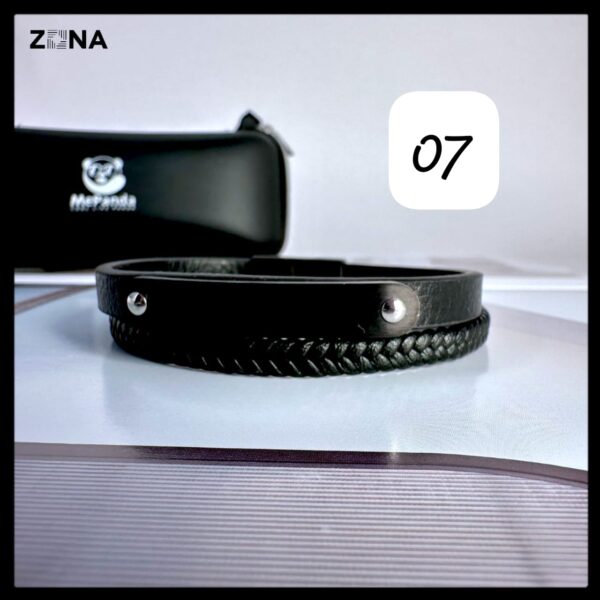 Black Leather Bracelet with Braided and Smooth Bands - Image 7