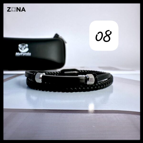 Black Leather Bracelet with Braided and Smooth Bands - Image 8