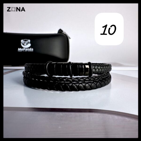 Black Leather Bracelet with Braided and Smooth Bands - Image 10