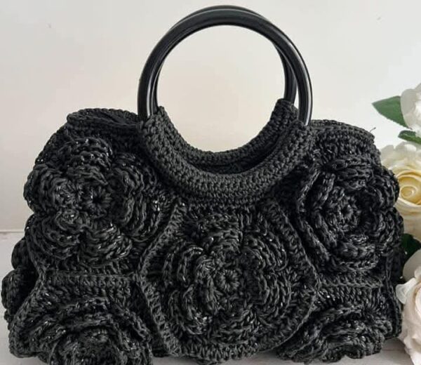 Elegant Black Floral Crochet Handbag