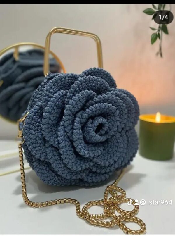 Handmade Rose-Shaped Crochet Bag with Gold Chain