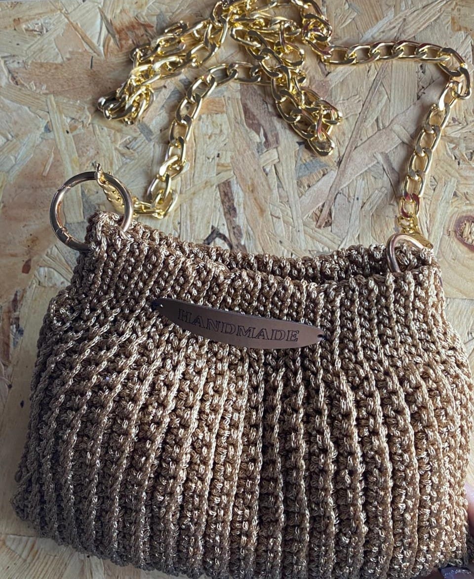 Handmade Golden Brown Crochet Bag with Gold Chain Strap