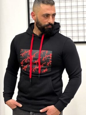 Men’s Black Hoodie with Red Drawstrings